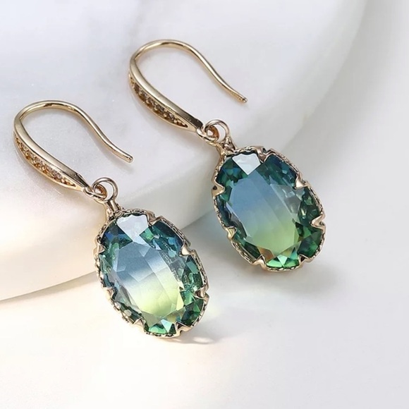 NEW Stunning Blue Green Tourmaline Dangle Earrings - Picture 2 of 6